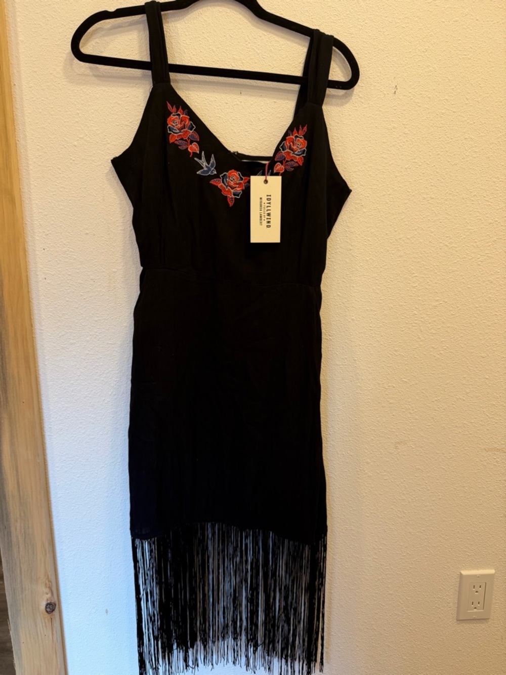 Idyllwind Black Mini Dress with Red Floral Embroidery and Fringe